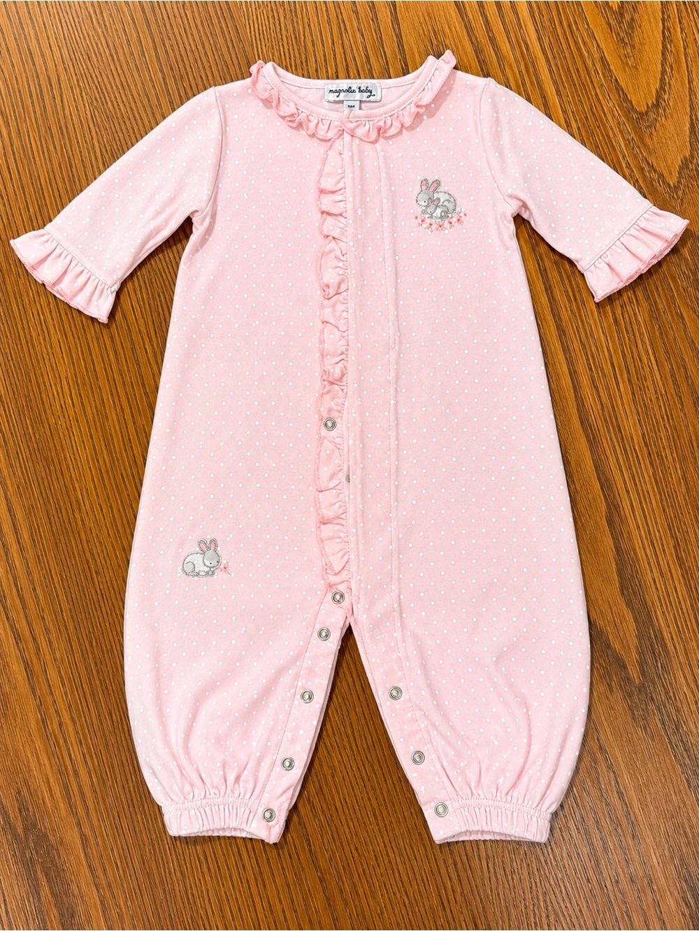 Like New 0-6mo. Magnolia Baby Pink Convertible Gown/Pants Ruffle/Bunny Embroider